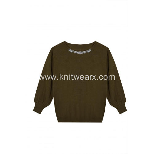 Women's Knitted Crystal Beads Crew-Neck Pullover